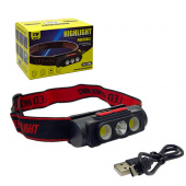 фонарь налобный аккум led re-2119b 2 больш+1ярк+мигалка красн+шнур type-c, аккум18650